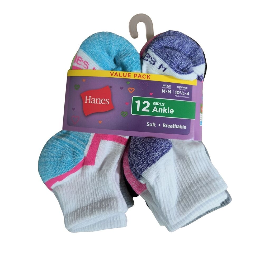 Hanes Girls Ankle Socks M Shoe 10.5-4 Cool Comfort Cushioned 12 Pack Assorted